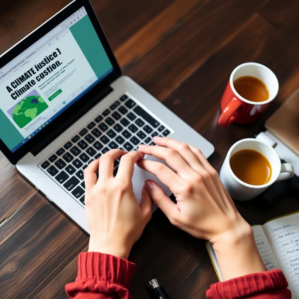 Volunteer typing a climate justice social media post on a laptop.