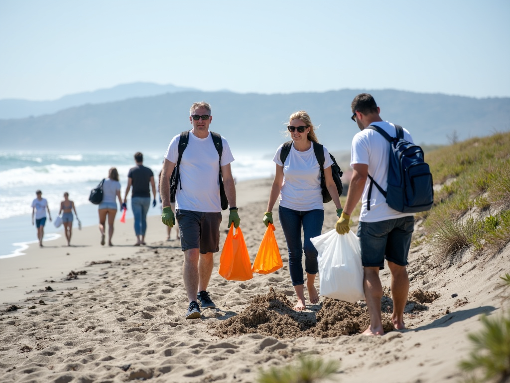 Volunteers cleaning up a beach as part of an environmental conservation program.