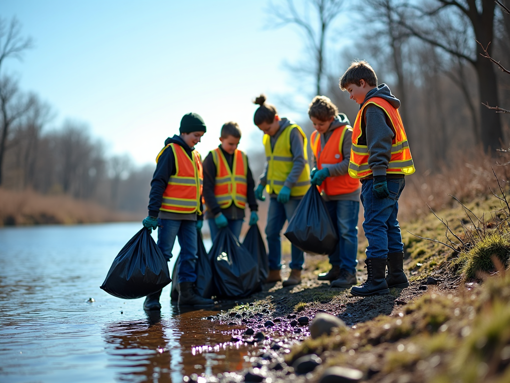 Students cleaning a riverbank, engaging in environmental service learning.