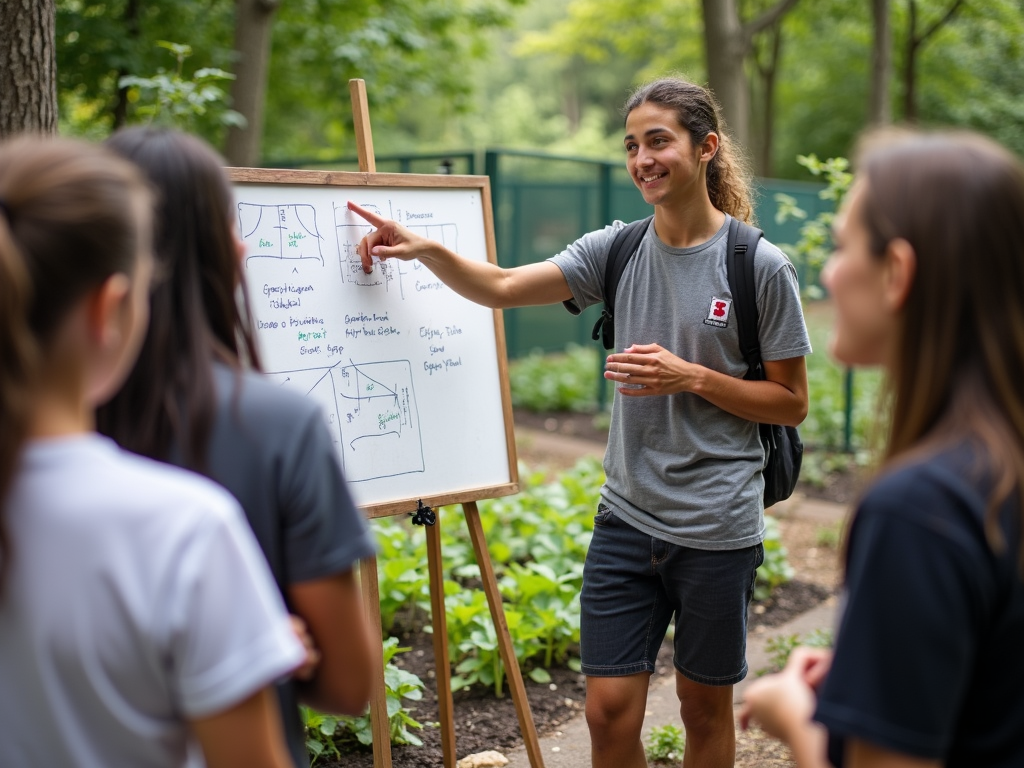 Student leading a group in the garden