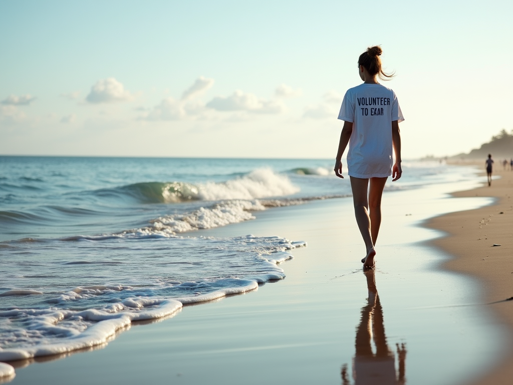 A volunteer taking a peaceful walk on the beach to recharge.