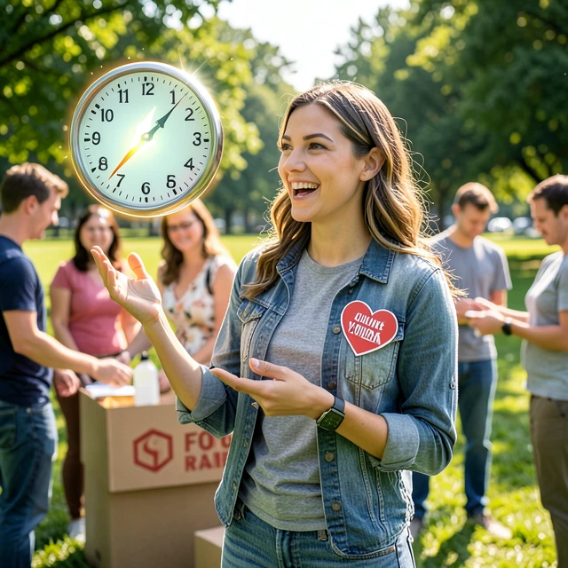 Volunteer balancing time, energy, and community service symbols