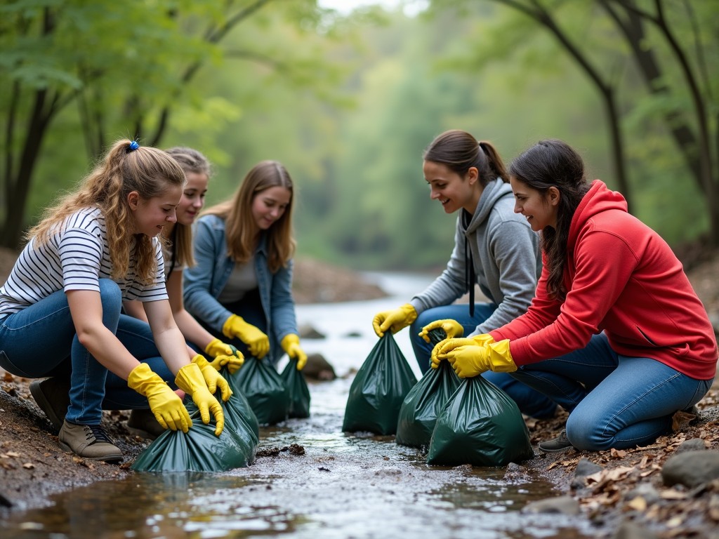 A group of diverse high school students engaging in a river clean-up project.