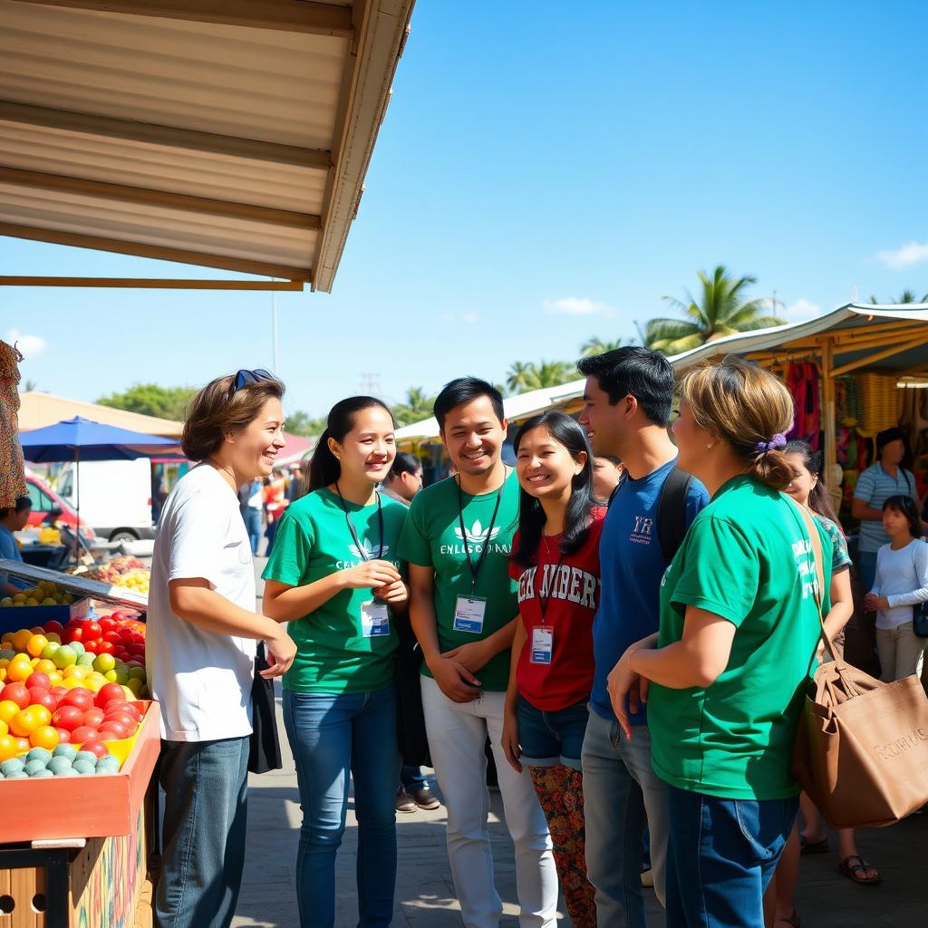 Volunteers interacting with locals at a colorful outdoor market filled with fruit stalls and crafts.