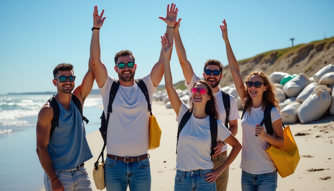 Volunteers celebrating after a beach cleanup