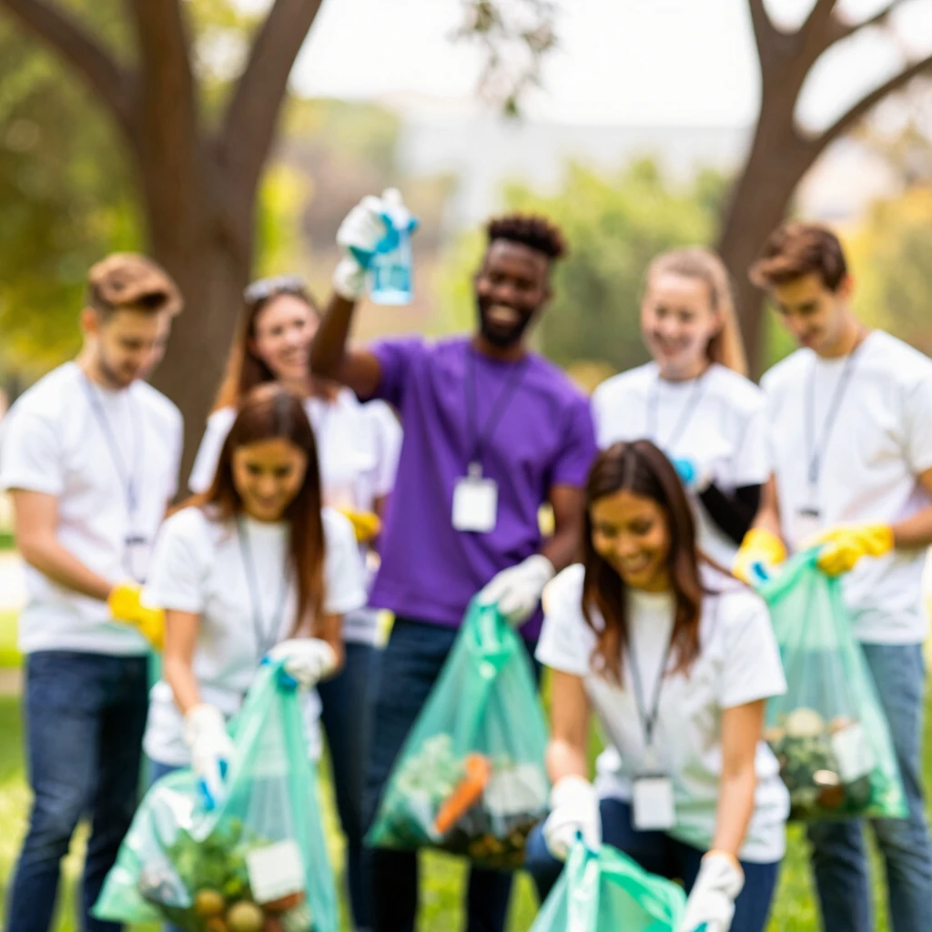 Diverse group of volunteers cleaning up a park, demonstrating community service in action