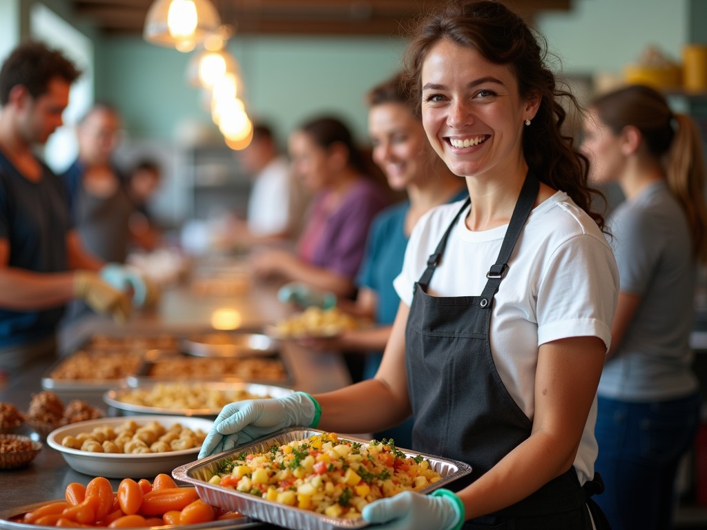 A volunteer distributing food packages at a community kitchen, illustrating direct community impact.