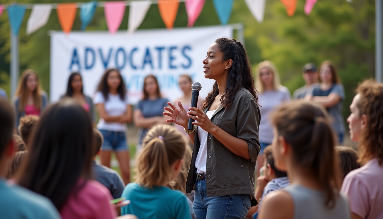 An advocate speaking passionately at a community event, engaging the audience.