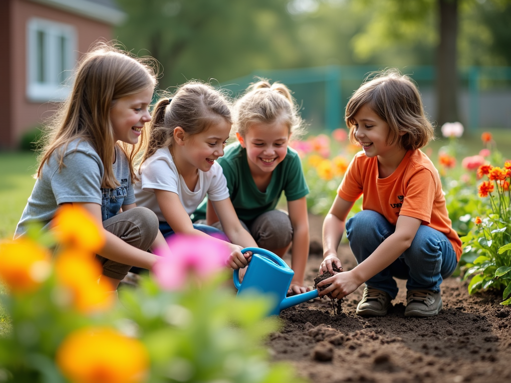 Young students planting a garden as part of service learning