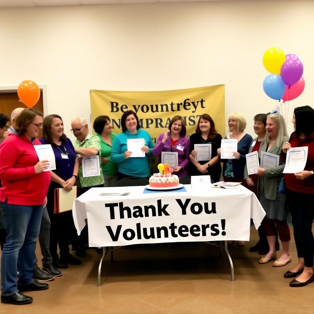 Volunteers celebrating at a nonprofit event with a 'Thank You Volunteers!' banner and certificates.