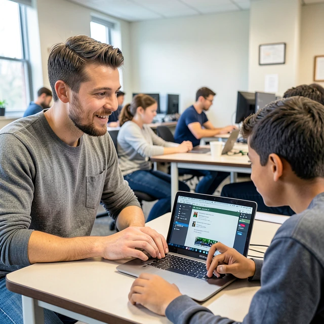 Volunteer mentor guiding a student through a technology project