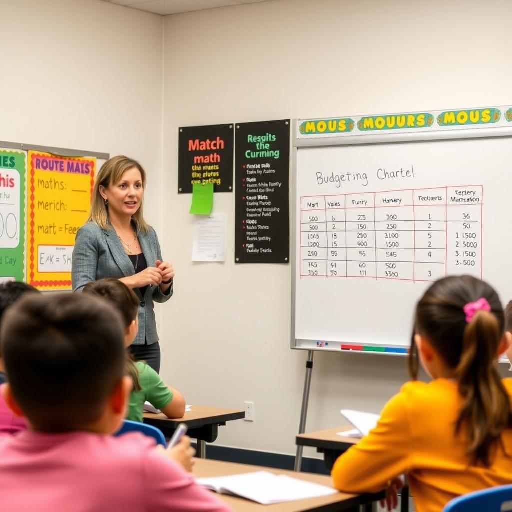A professional woman teaches a budgeting workshop to middle school students in a colorful classroom.
