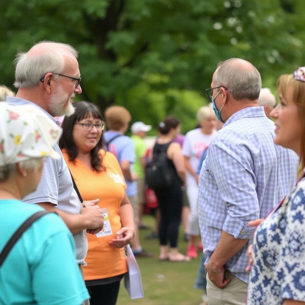 Volunteer talking to a small group in a park setting.