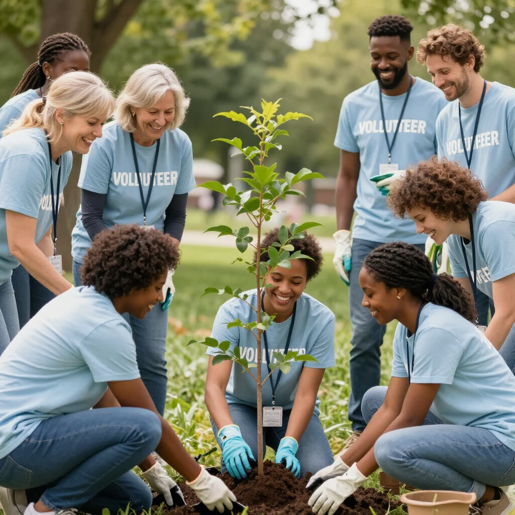Diverse group of volunteers collaborating happily on an outdoor community project