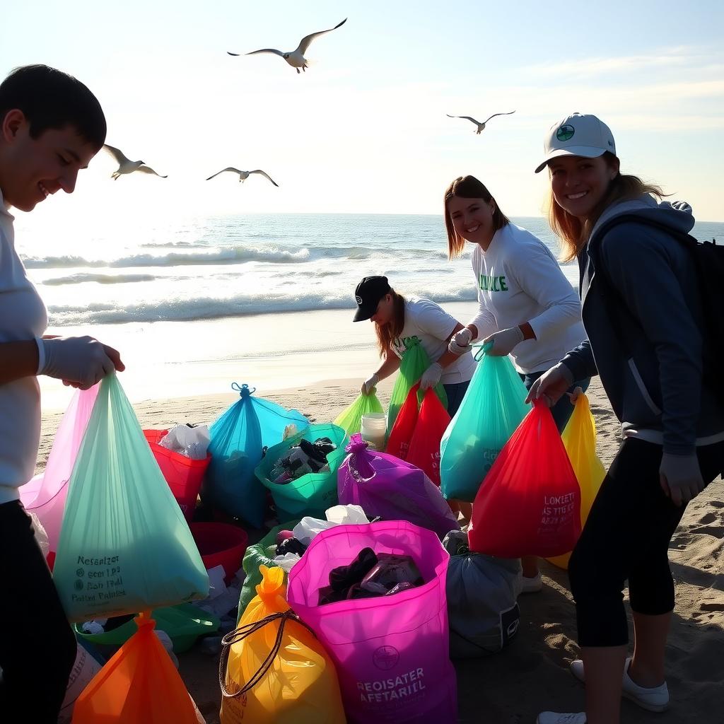 Volunteers cleaning a beach at sunrise, collecting plastic waste with the ocean and seagulls in the background.