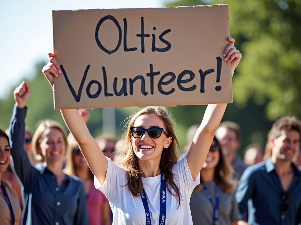 Volunteer showing off a campaign sign.