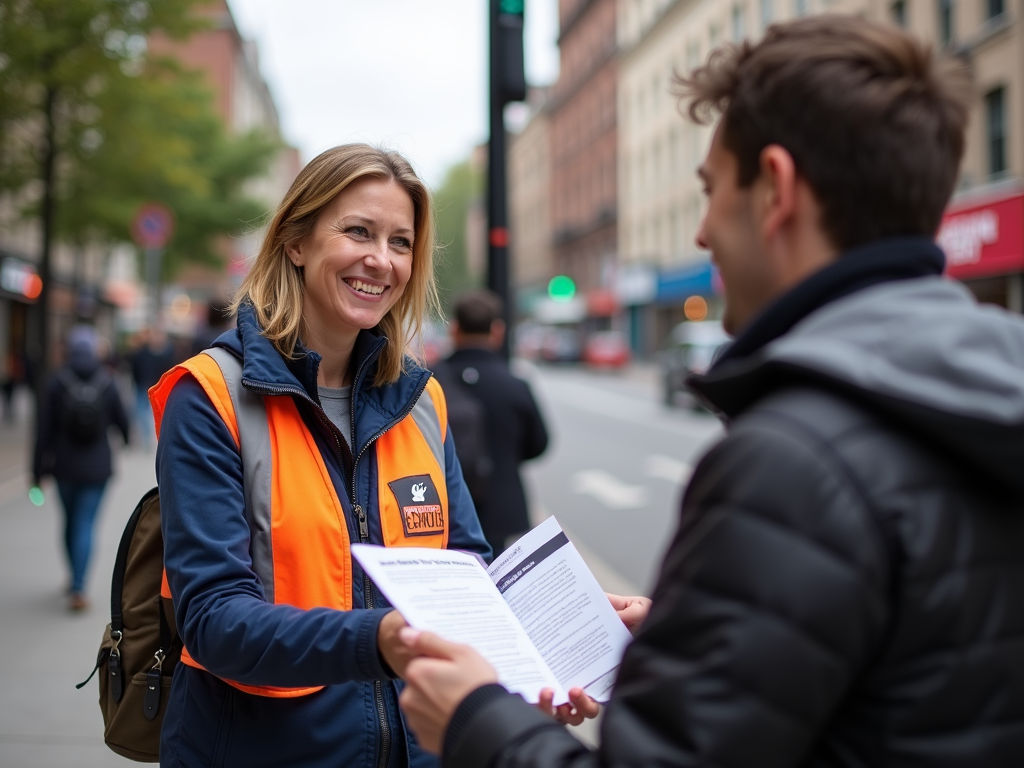 Volunteer sharing animal welfare info on the street