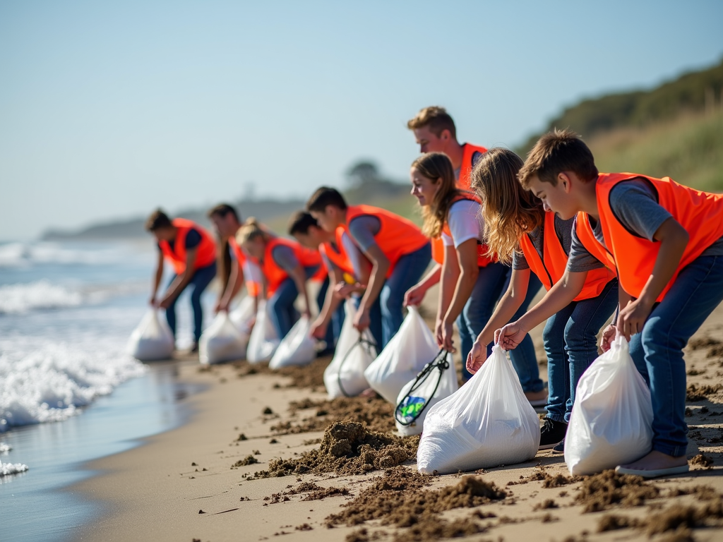 Students cleaning a beach during a service learning volunteer effort