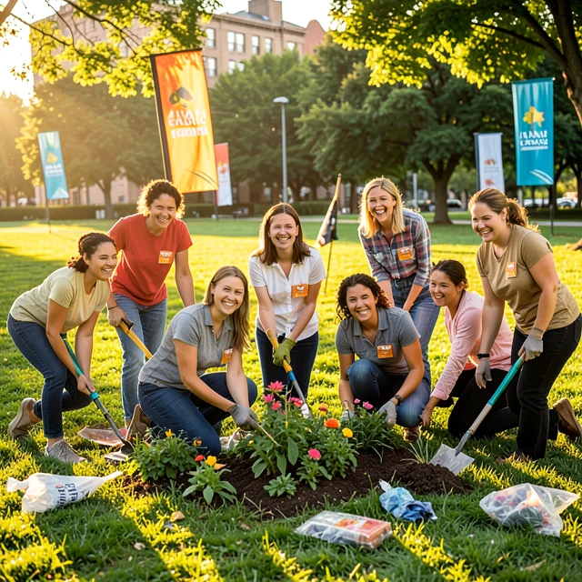Diverse group of volunteers working together in a community park cleanup and gardening project