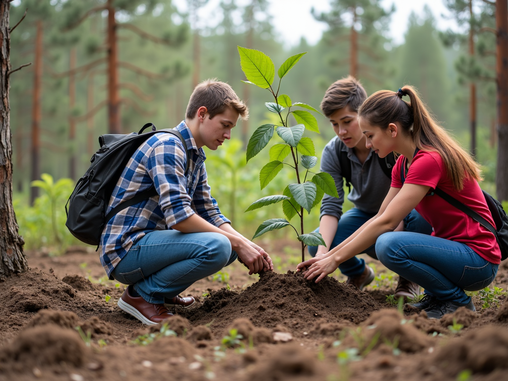 College students planting trees in deforested area