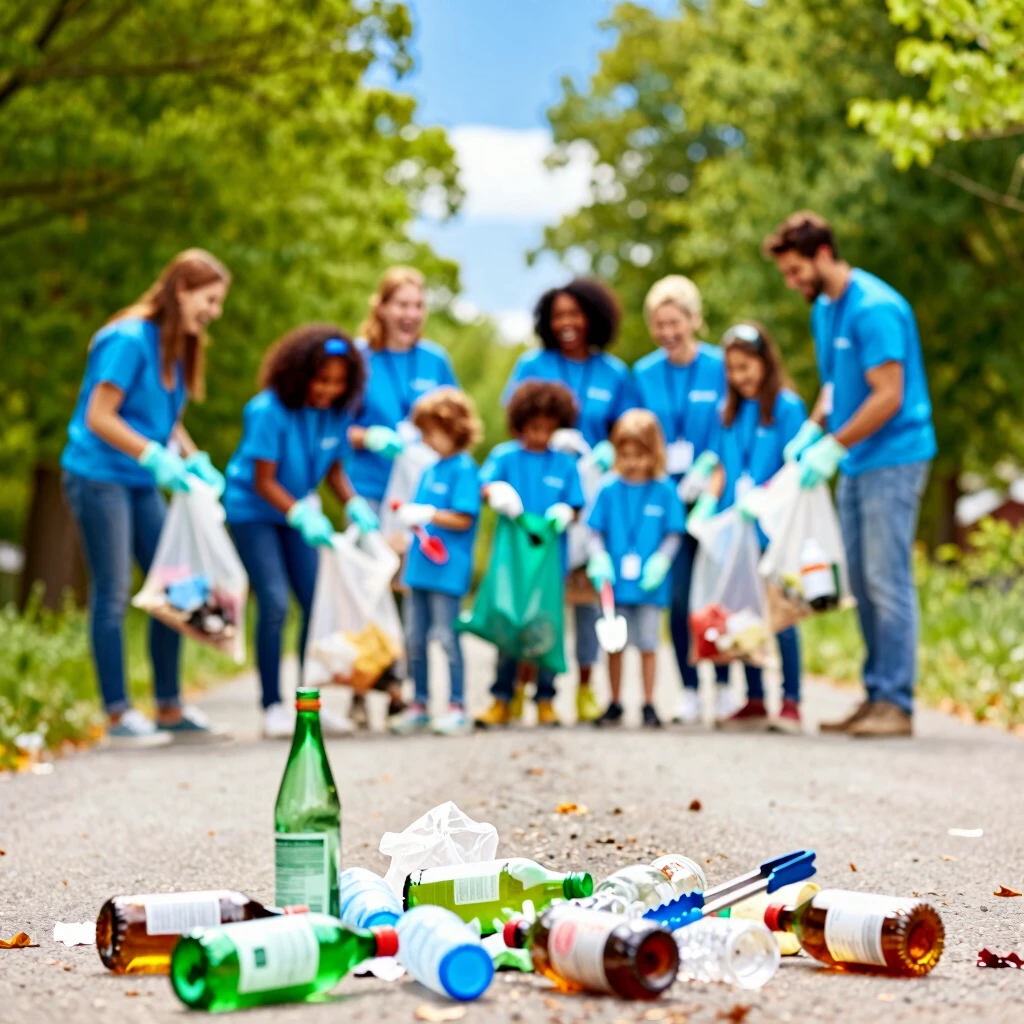 Diverse volunteers enjoying a neighborhood cleanup service learning project