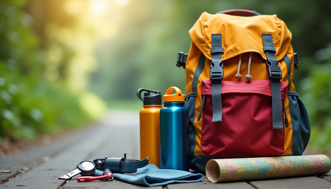 A backpack on the floor with international flags and a passport, depicting preparation for an overseas trip.