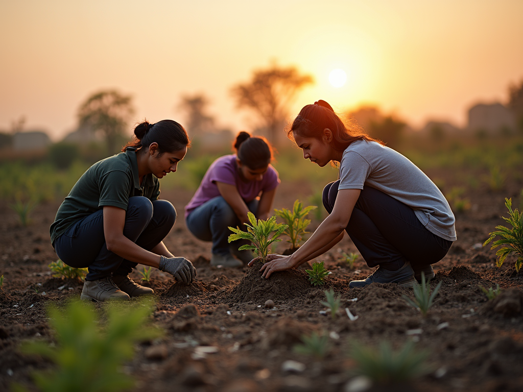 Volunteers planting trees to combat deforestation.