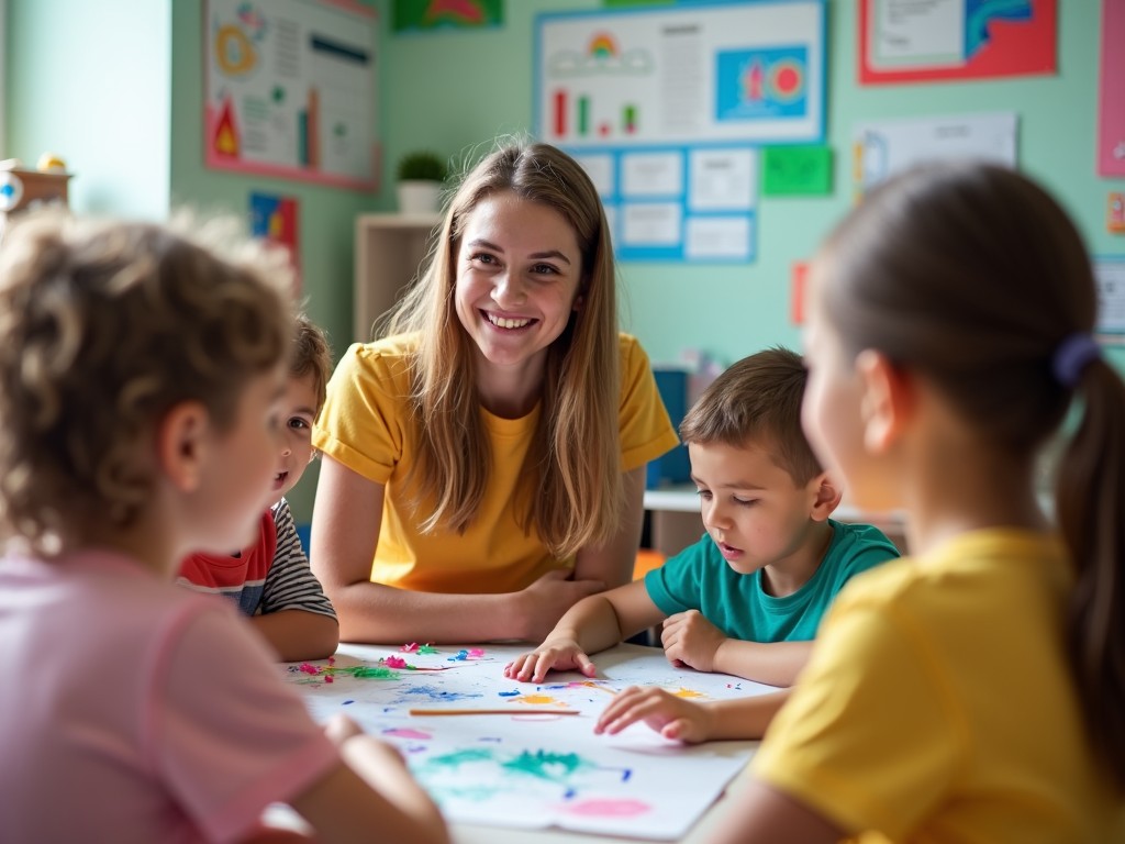 A volunteer teaching children in a classroom setting.