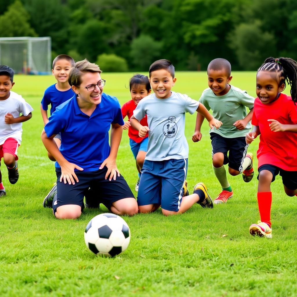 Volunteer playing soccer with kids at a community event.