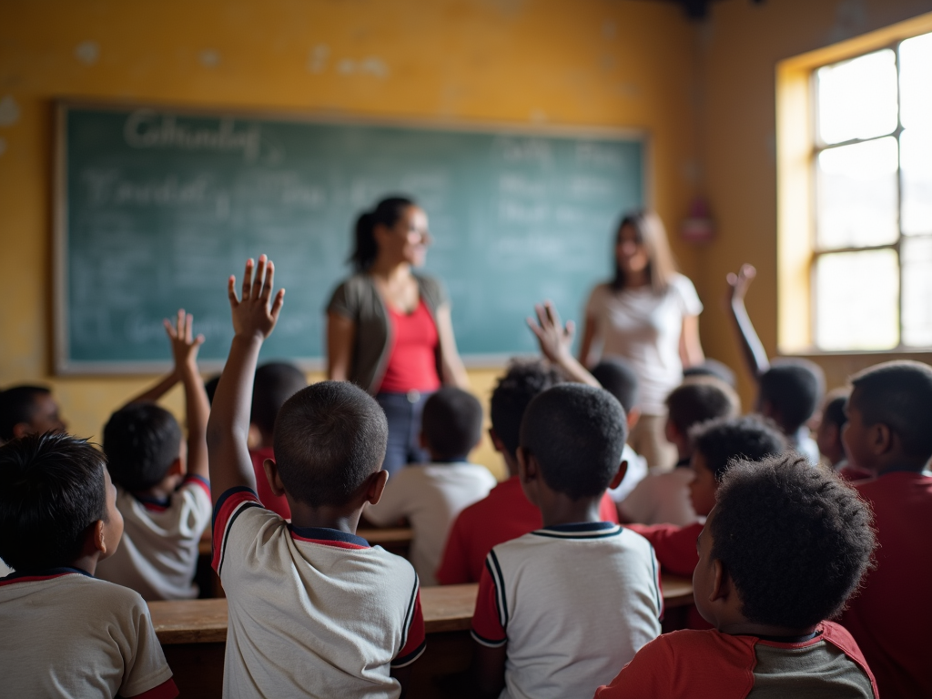 Volunteer teaching children in a rural school