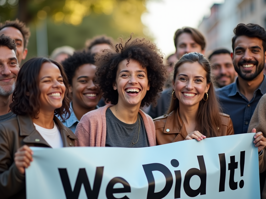 Community celebrating a hard-won advocacy victory.