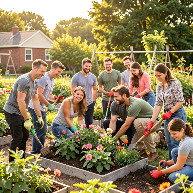 Diverse volunteer team working happily in a community garden