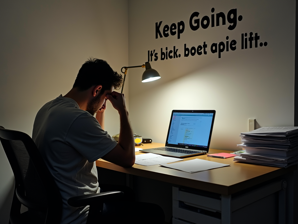An advocate working late with determination.