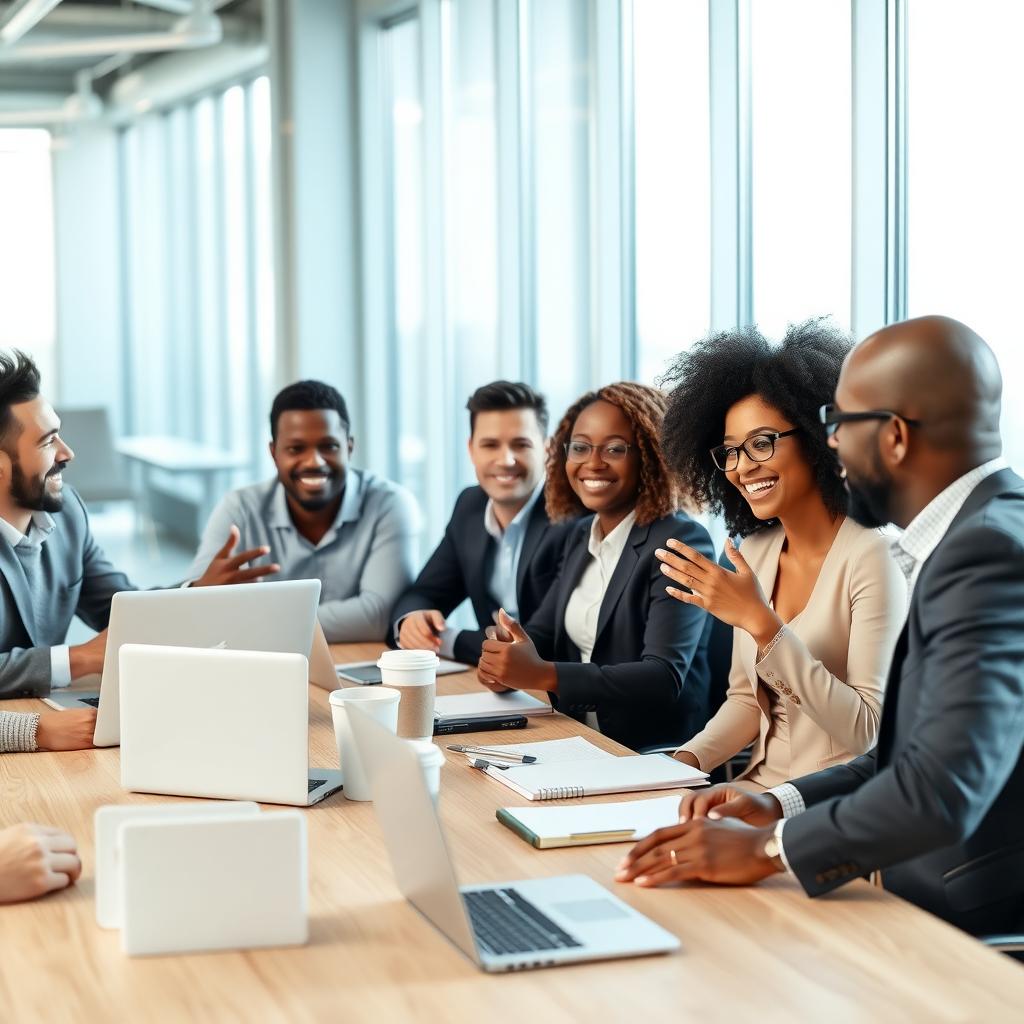 Diverse nonprofit board members discussing strategy around a conference table