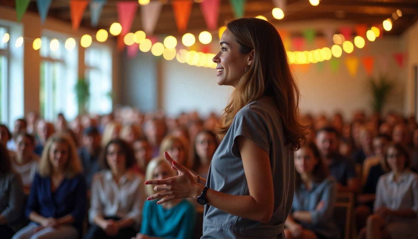 A volunteer delivering a passionate speech during a community event, showcasing excellent communication skills.