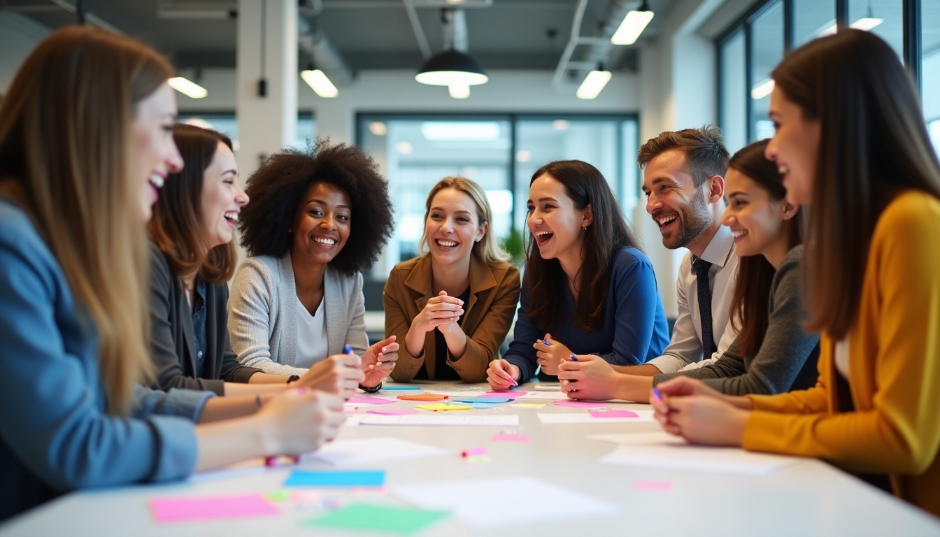 A volunteer group brainstorming in an office setting, displaying persistence and teamwork.