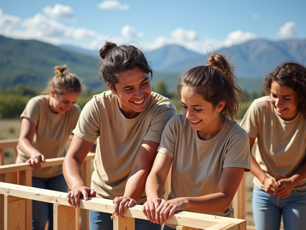 Volunteers constructing a home in a rural area