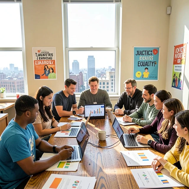 Volunteers measuring advocacy campaign impact with data charts
