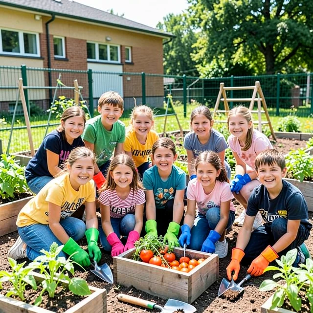 Young students happily planting in a community garden as part of service learning