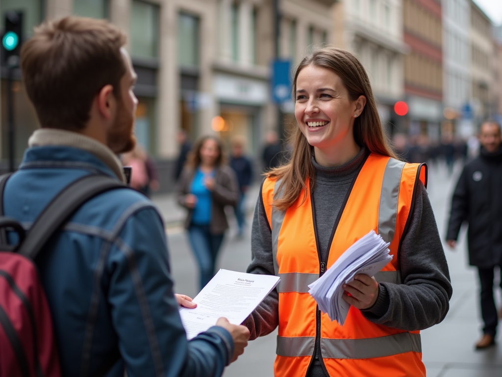 Volunteer sharing advocacy flyers on a street.