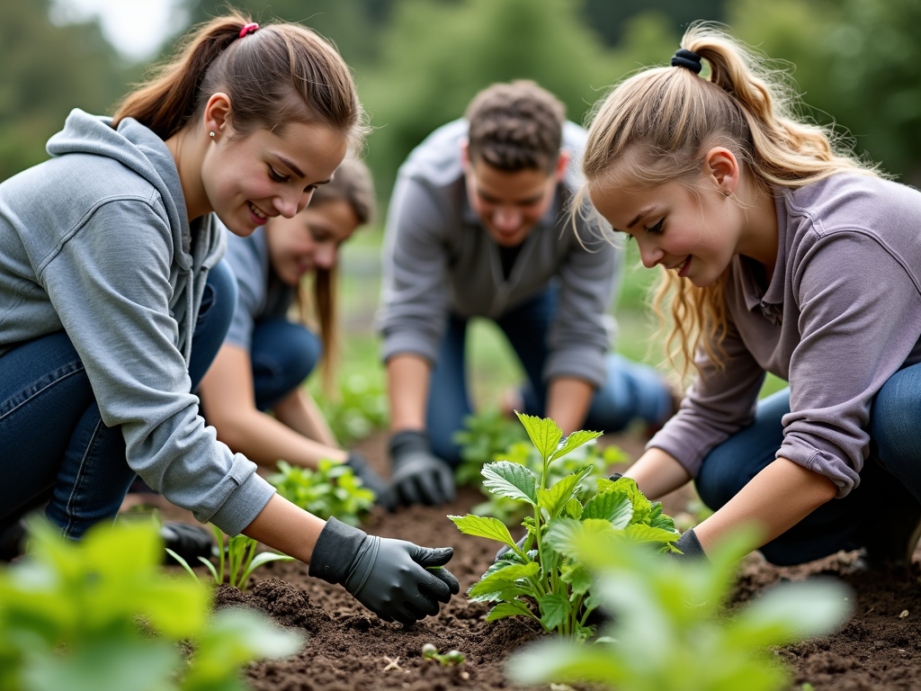 A diverse group of volunteers working together on a community garden project, planting and watering plants, showcasing teamwork in action.