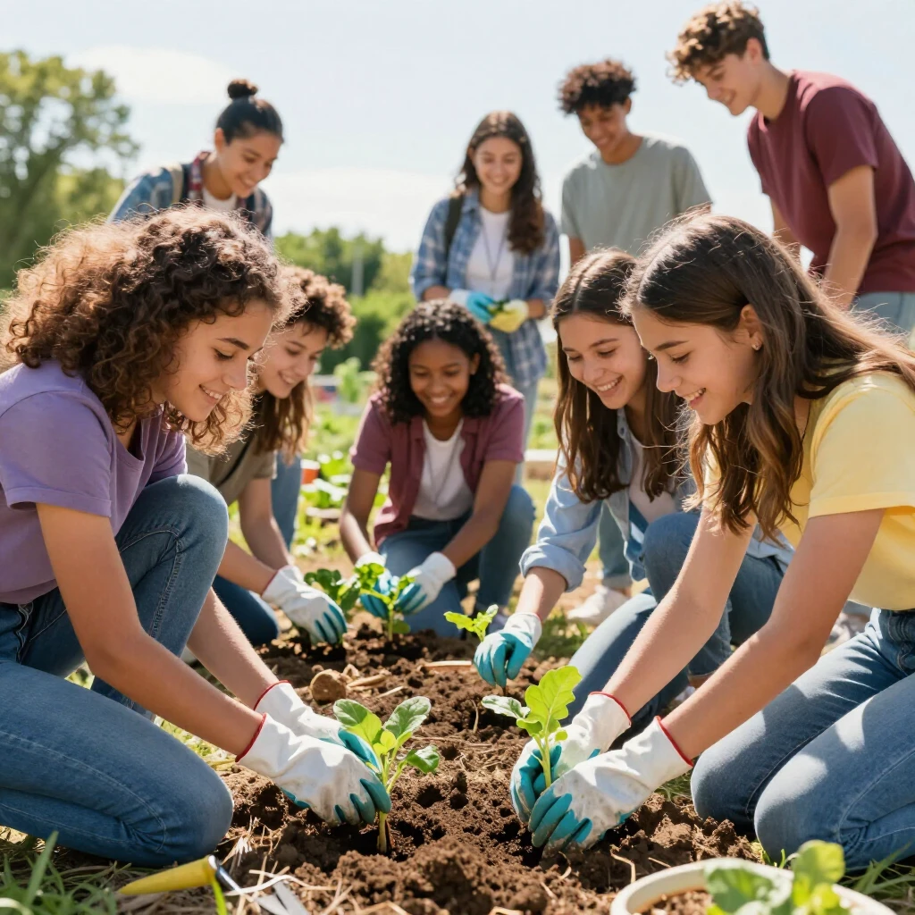 High school students volunteering together in a community garden