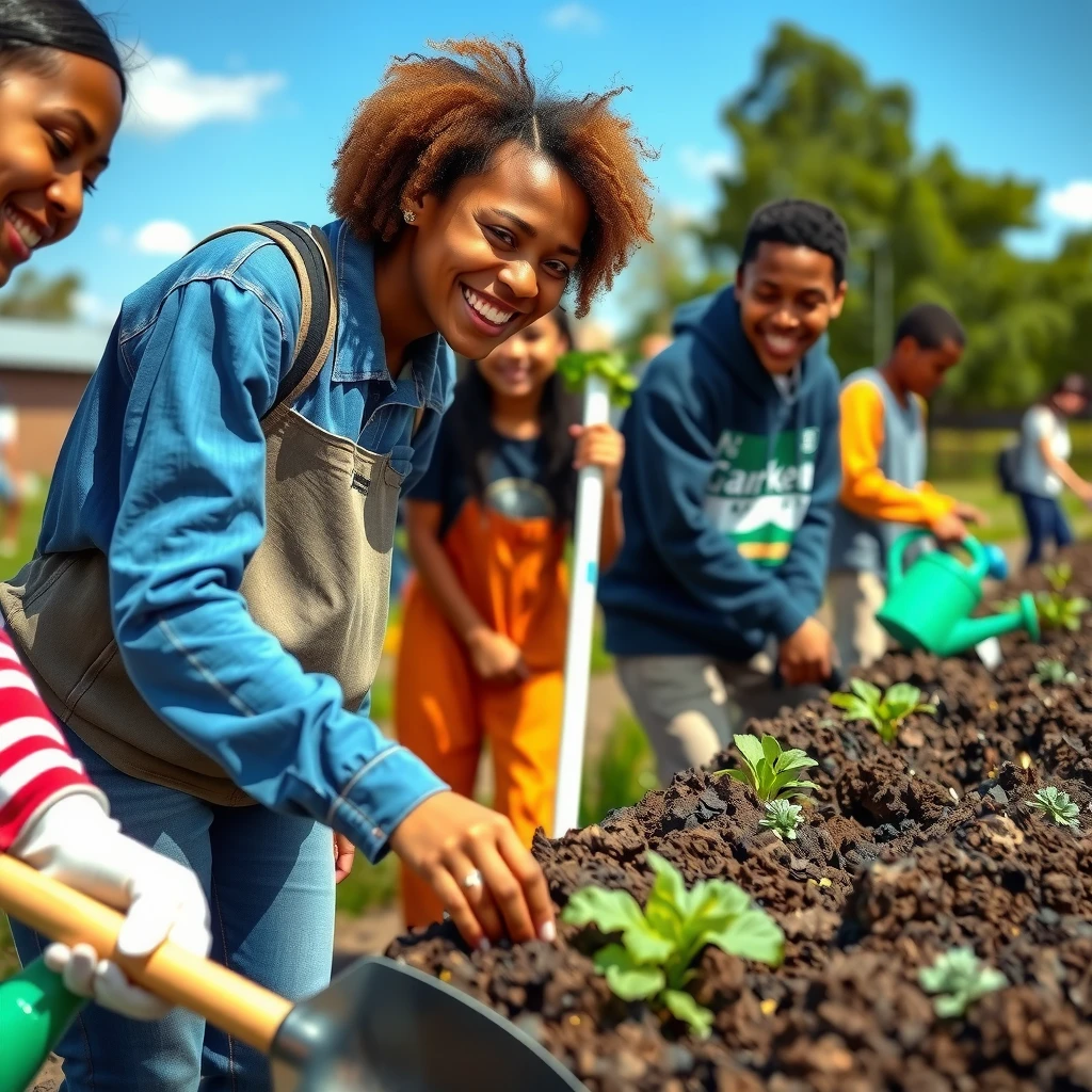 Students participating in a service learning project by volunteering in a community garden.