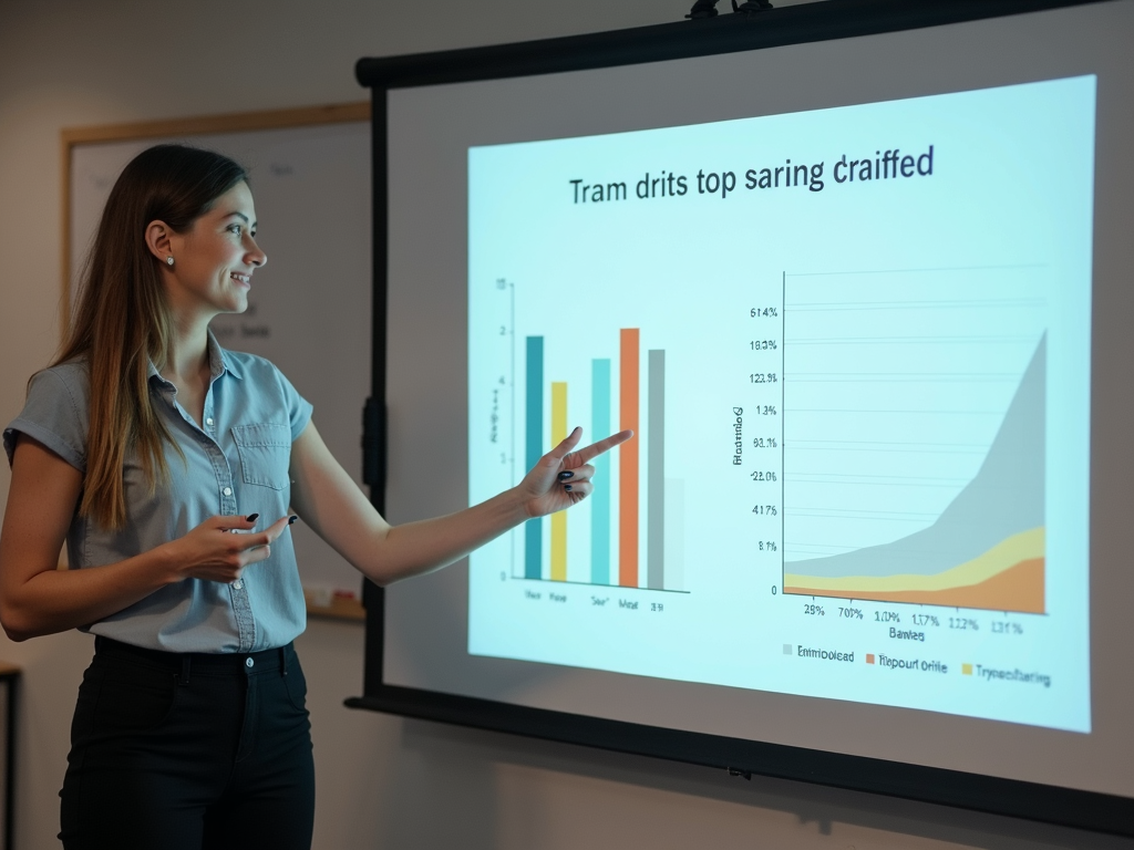 A trainer discussing measuring impact techniques with a group of volunteers using charts and data.