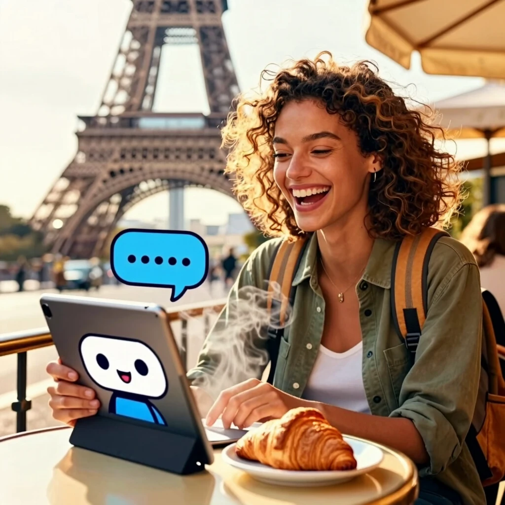 Woman practicing French with AI companion at Paris cafe