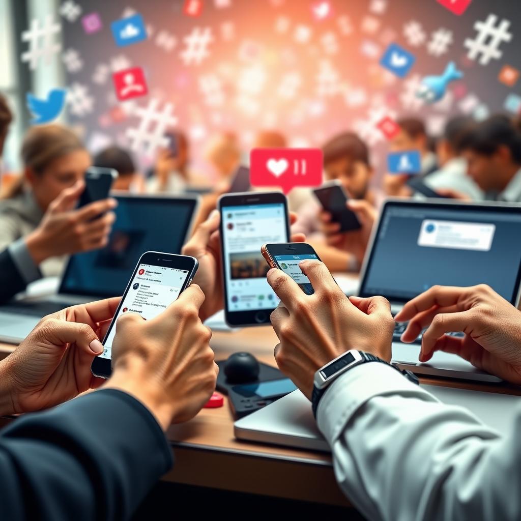 Hands typing on devices with social media notifications, symbolizing online advocacy.