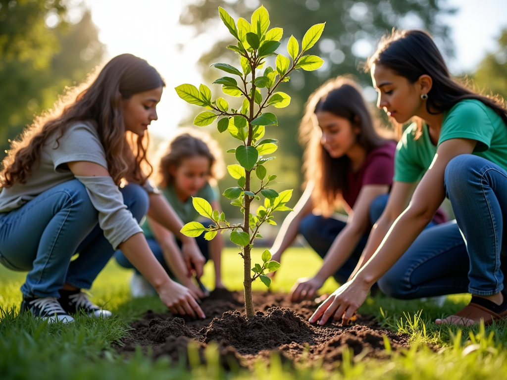A group of volunteers planting trees in a park to promote environmental advocacy