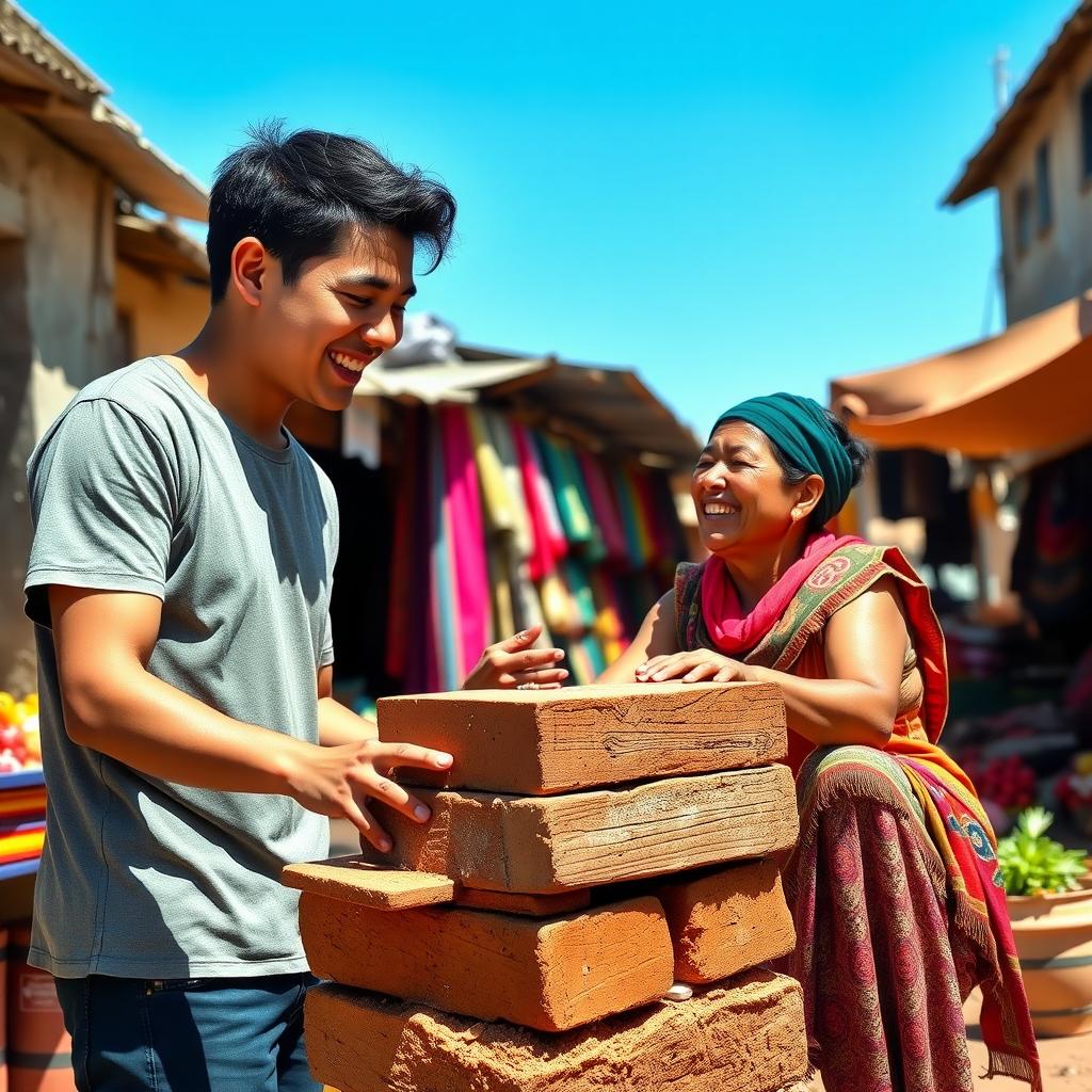 College student and local building a structure in a vibrant South American village.