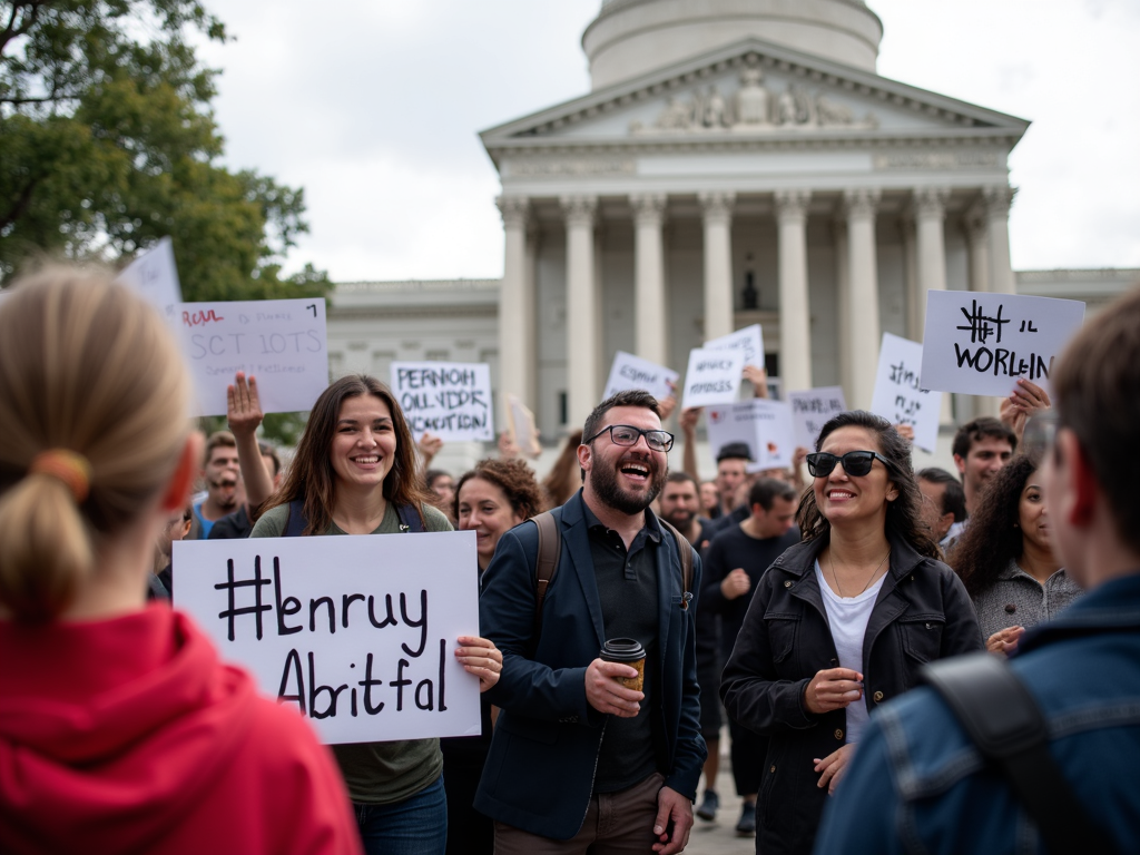 Protesters with signs featuring hashtags, advocating for change in front of a government building.