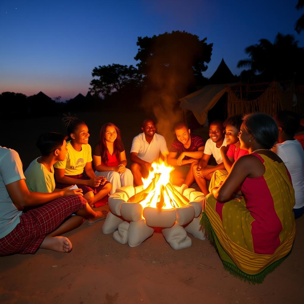 Volunteers sharing stories around a campfire in Ghana